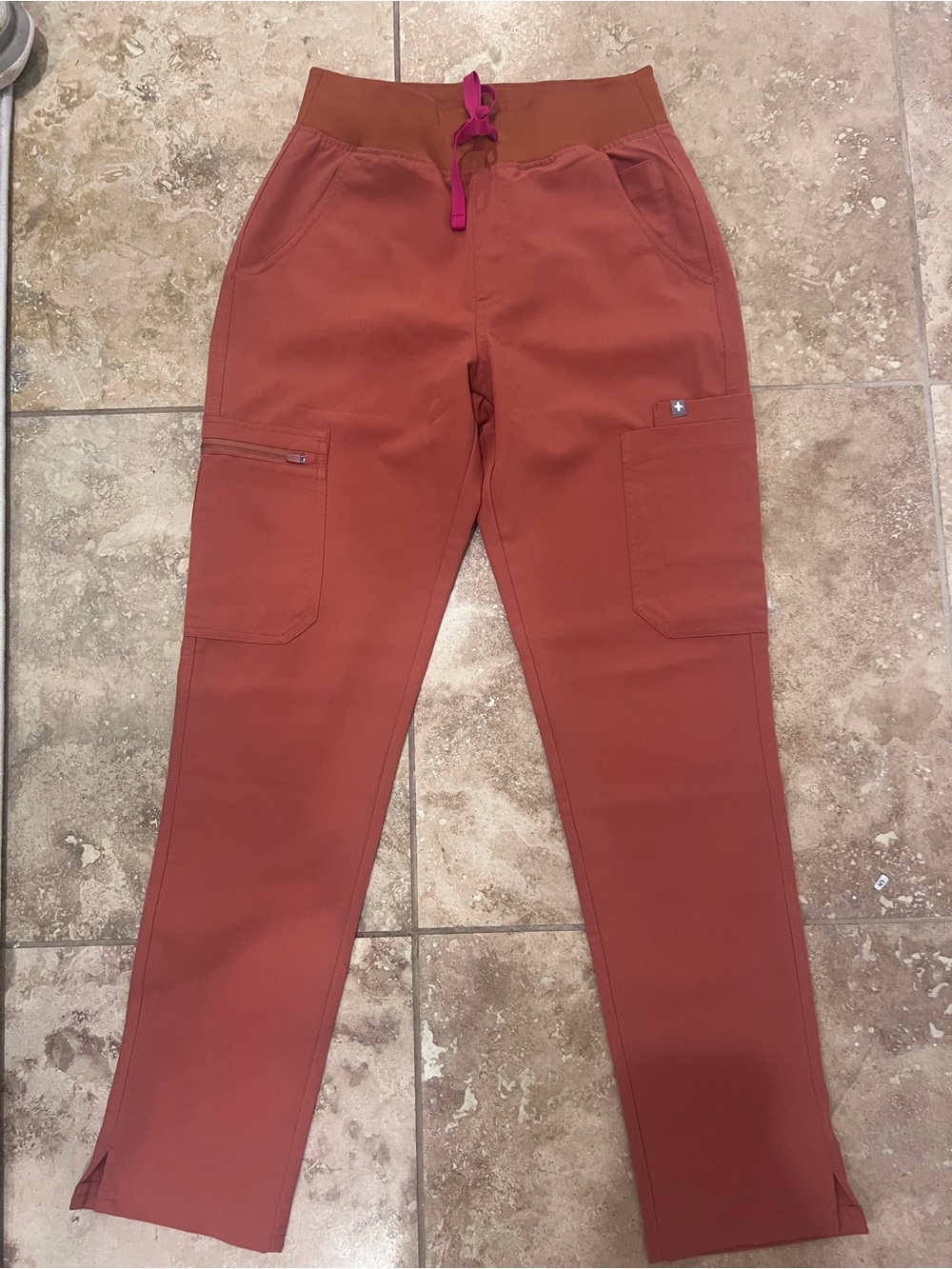 Figs Straight-Leg Utility Pants in Rust with Pink Drawstring